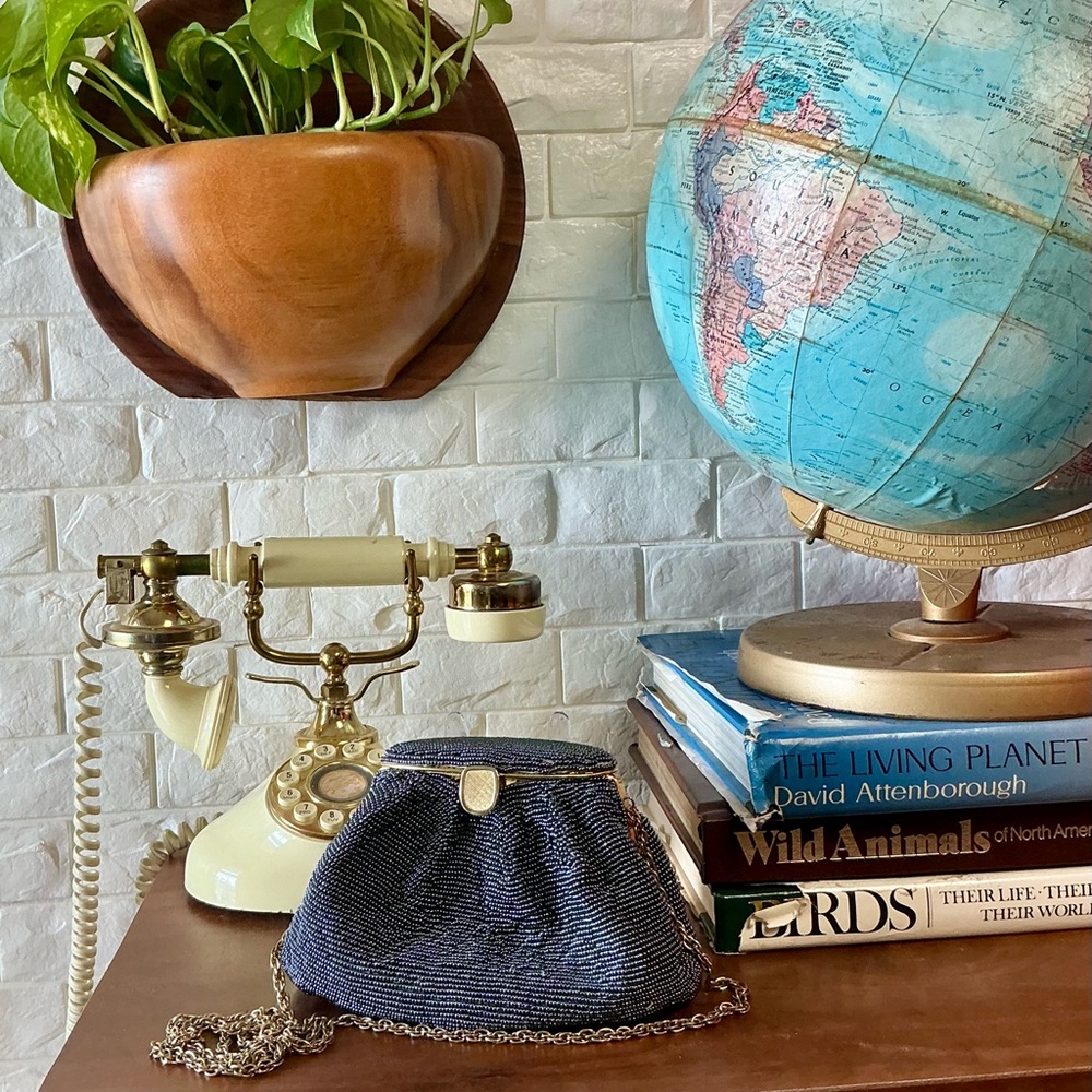 Vintage Nina Ricci Paris Pewter Beaded Evening Bag Gold-Tone Metal Clasp Frame